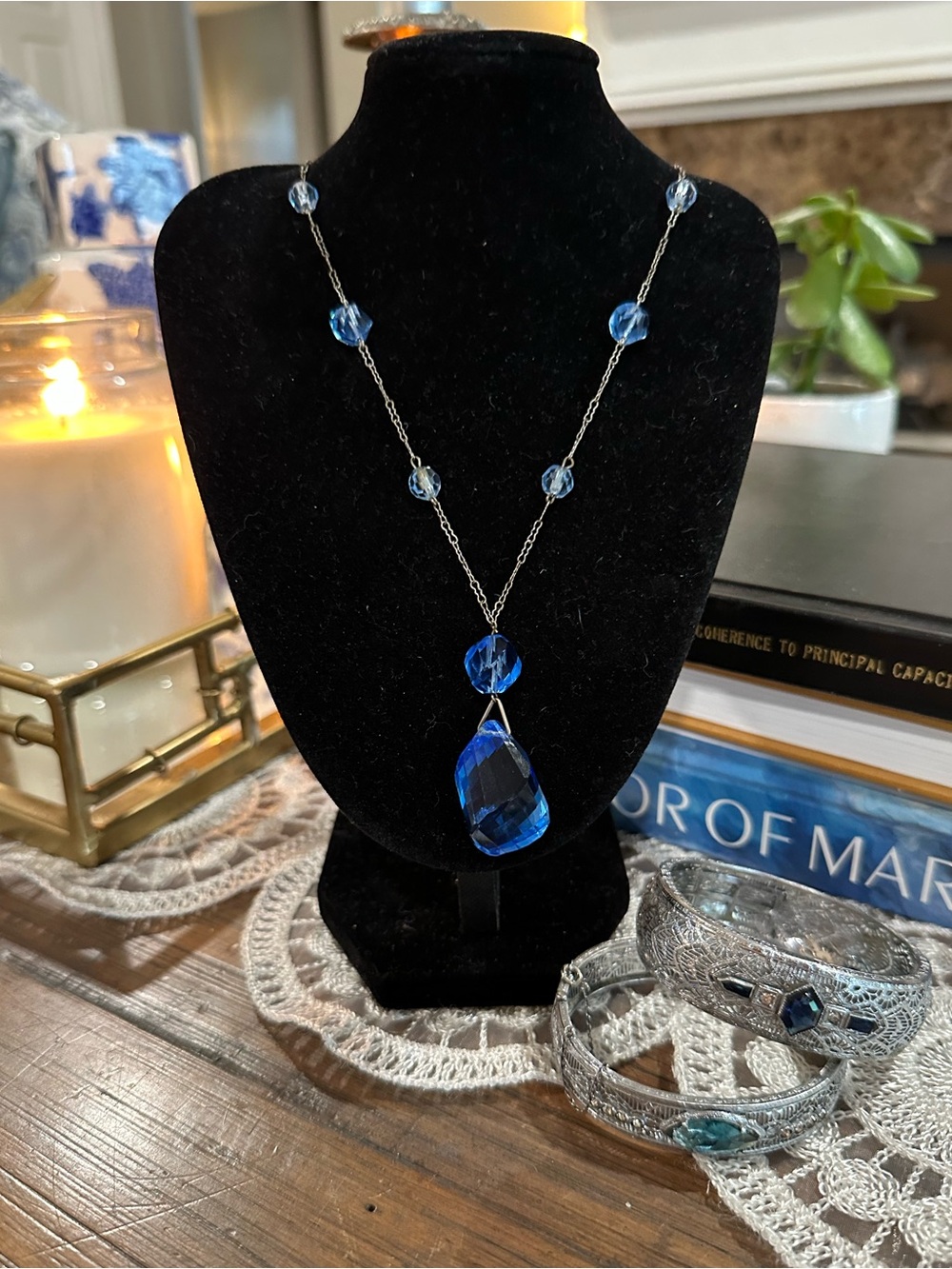 Museum Quality 1920s Art Deco Czech Blue Glass Asymmetrical Lavalier Necklace